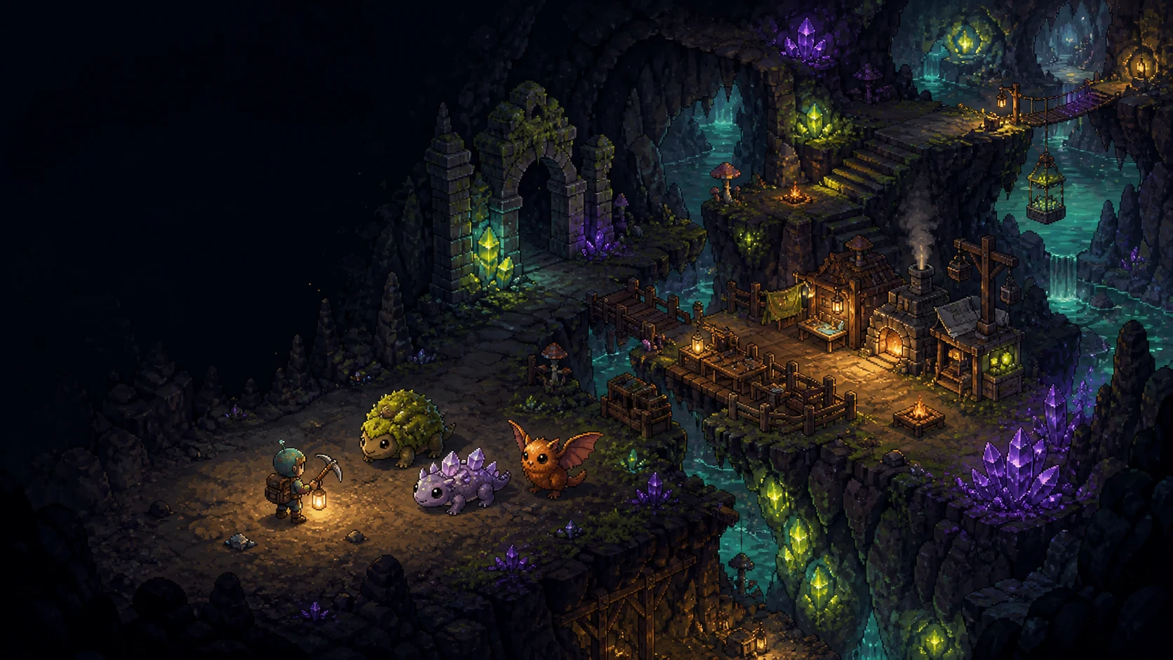 An explorer meets three glowing creatures beside a workshop in a vast underground cavern.